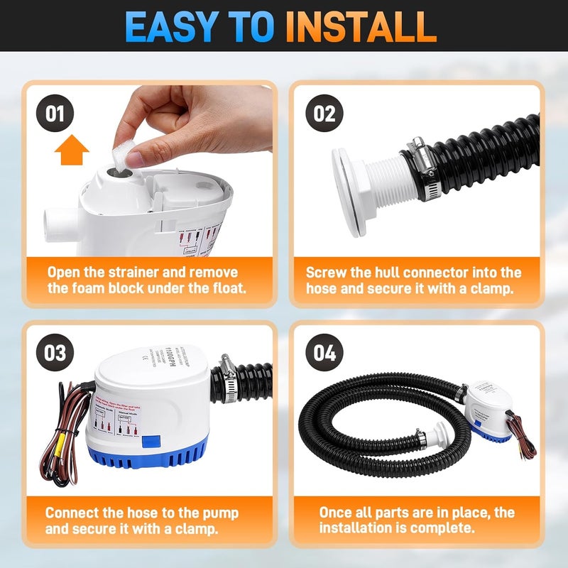 Sejaede 1100GPH 12V Automatic Boat Bilge Pumping Kit, 1-1/8 Inch Electric Bilge Water Pump, 6FT Hose, 2 Stainless Steel Hose Clamps and Thru-Hull Fitting, for Fishing Boats, Runabouts, Yachts, Cruisers - Image 5
